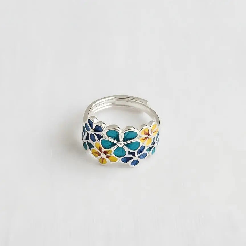 Adjustable Ring - Blue Enamel Floral Cluster