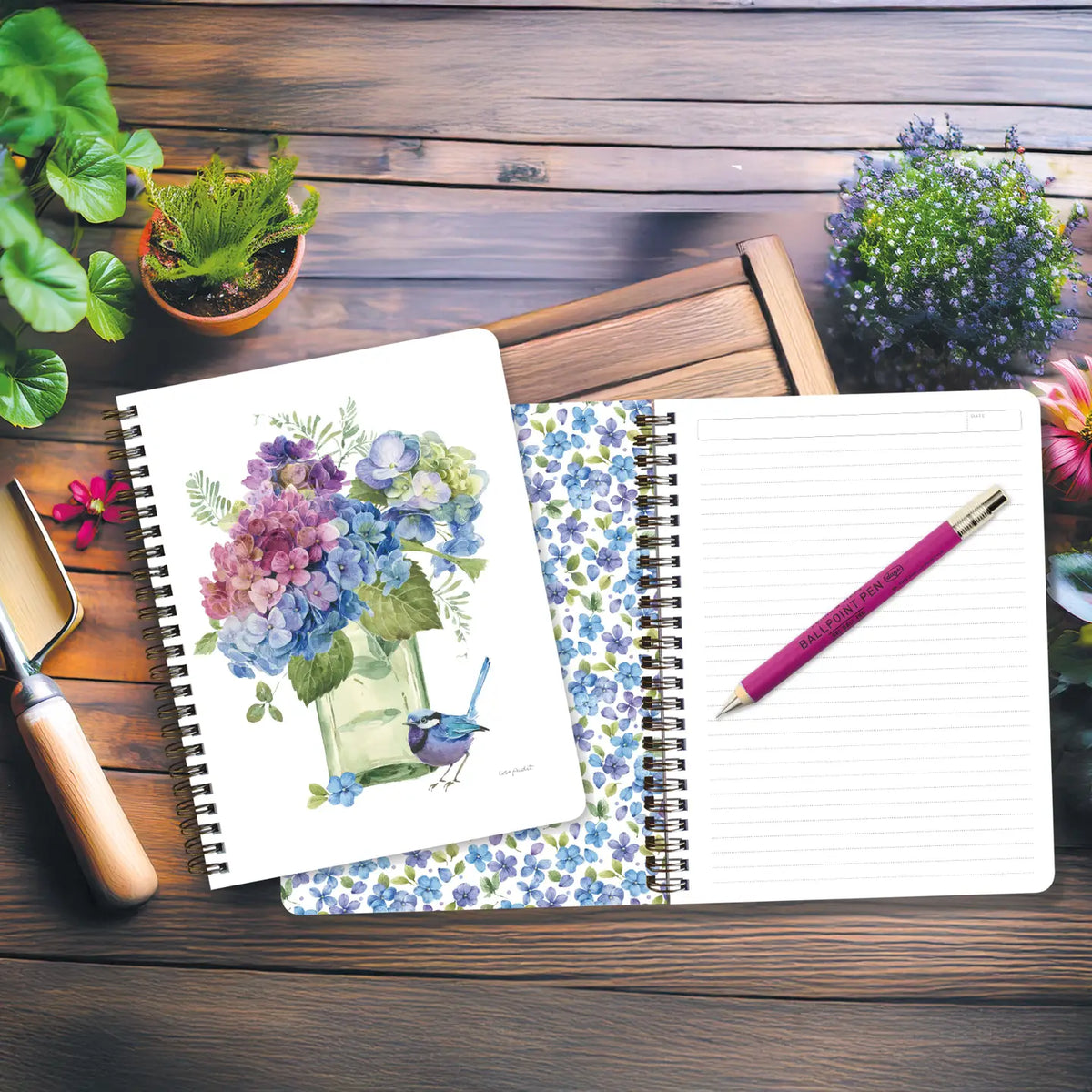 Spiral Medium Notebook - Bluebird & Hydrangea Jar