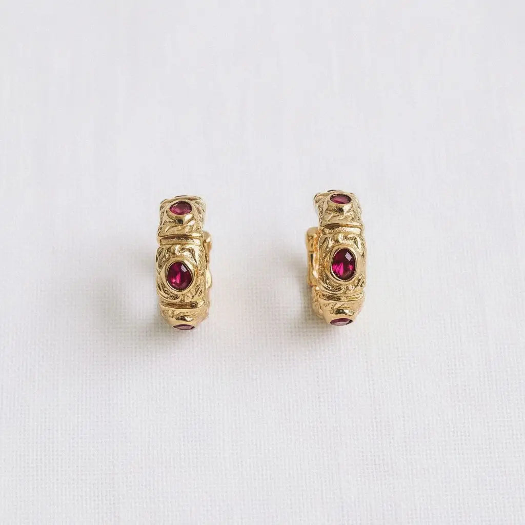 C-Shape Earrings - Red Cubic Zirconia Geometric