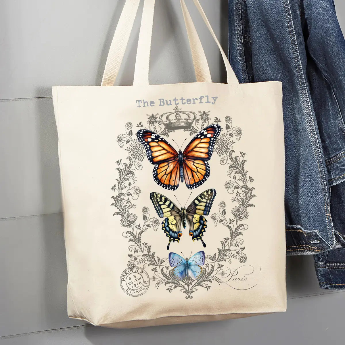 Canvas Tote Bag 12oz - Vintage Butterflies Paris