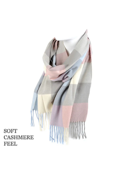 Cashmere Feel Winter Scarf - Pink Grey Checkered
