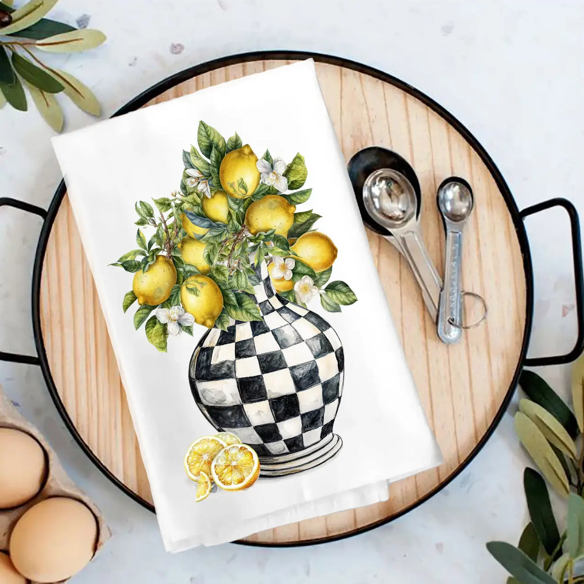Cotton Tea Towel - Checkered Vase with Lemons