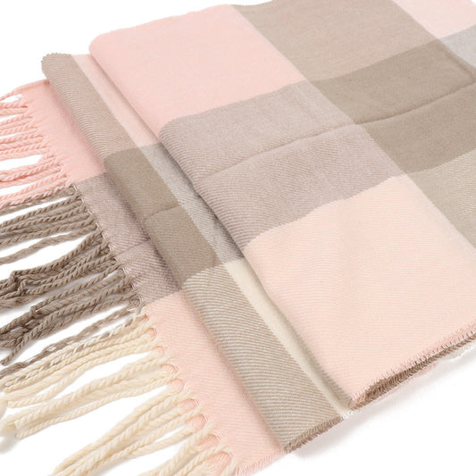 Cashmere Feel Winter Scarf - Light Brown Pink Checkered