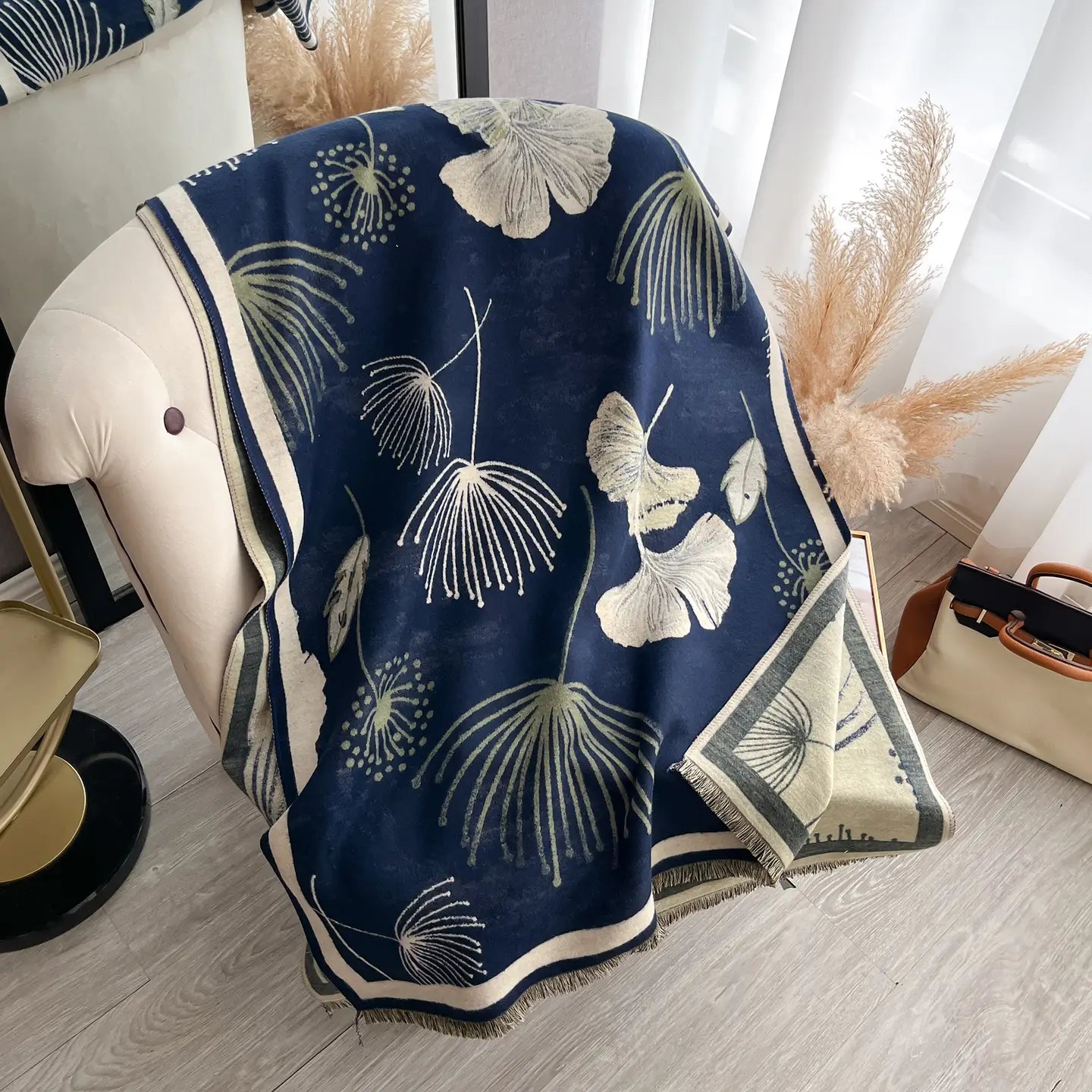 Reversible Wrap - Navy / Cream Falling Ginkgo