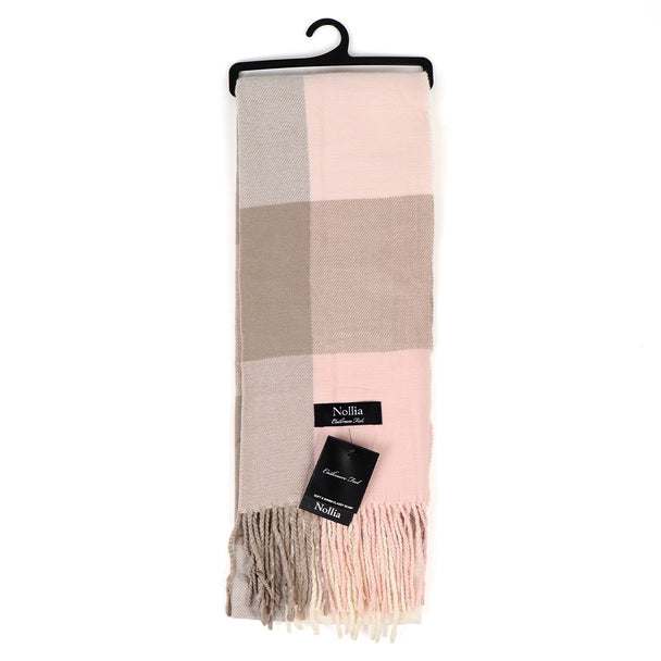 Cashmere Feel Winter Scarf - Light Brown Pink Checkered