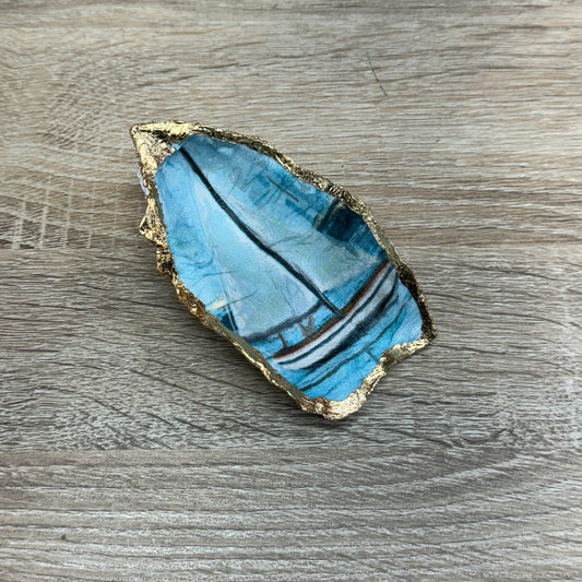 Decoupaged Oyster Shell - Sail Boat
