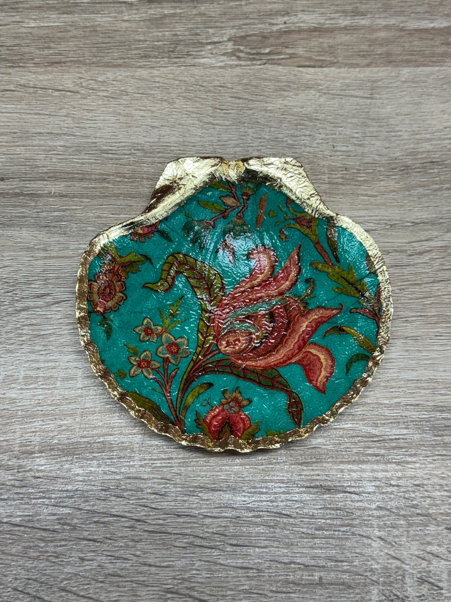 Decoupaged Scallop Shell - Green & Maroon