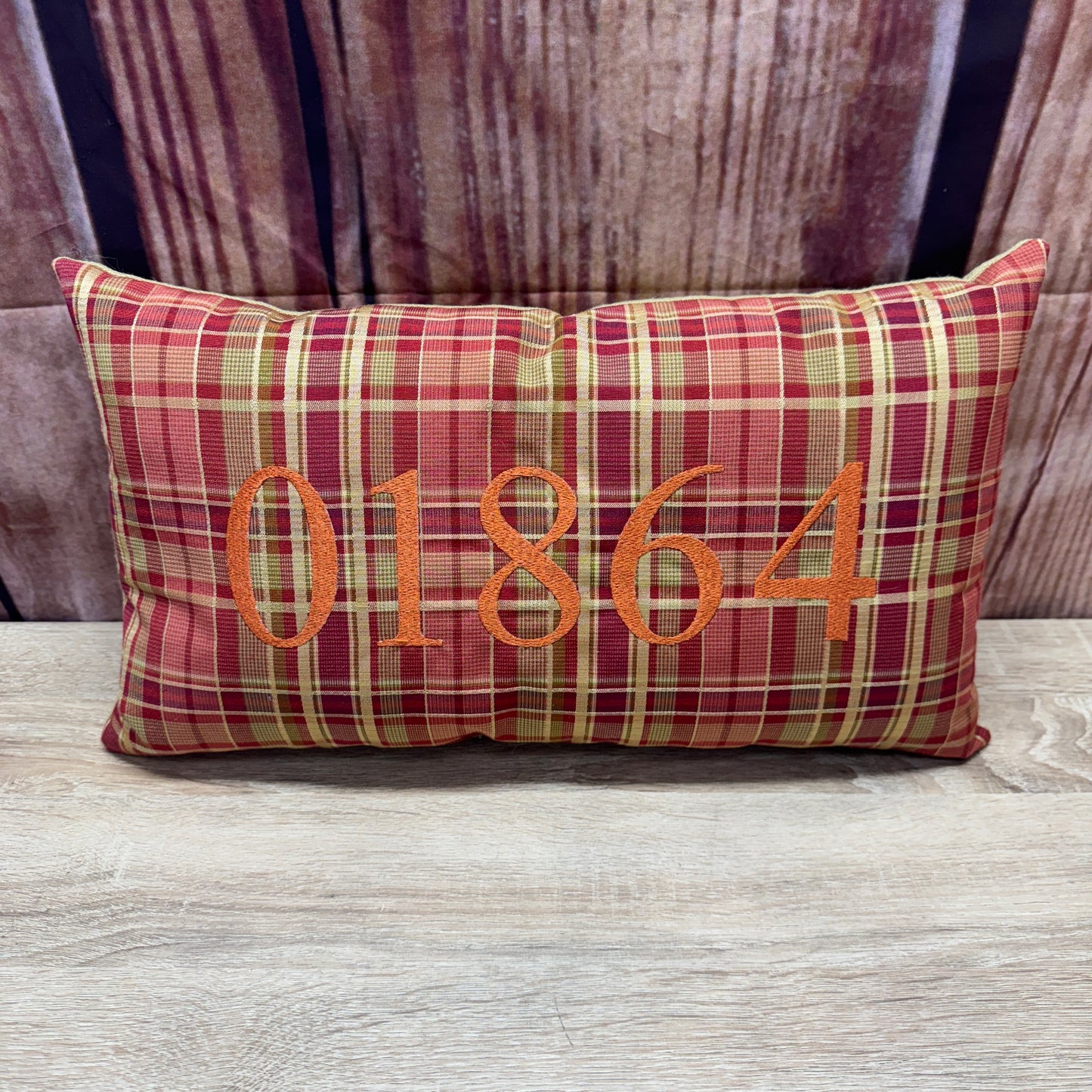 Zip Code Pillow - 01864 (Red Plaid) (Burnt Thread)