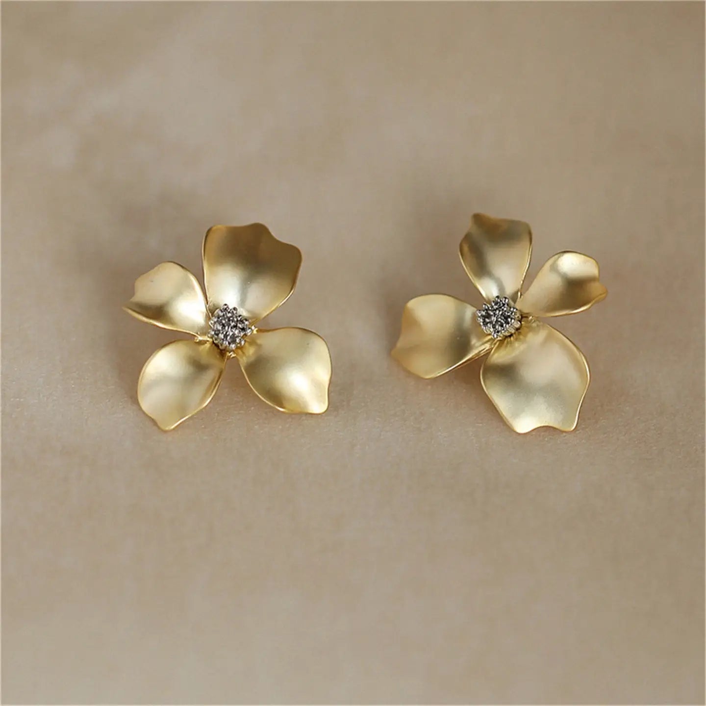 Stud Earrings - Gold Flower Petal Silver Post