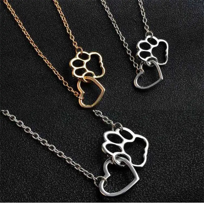 Charm Necklace - Dog Paw Heart Interlocking (Silver)