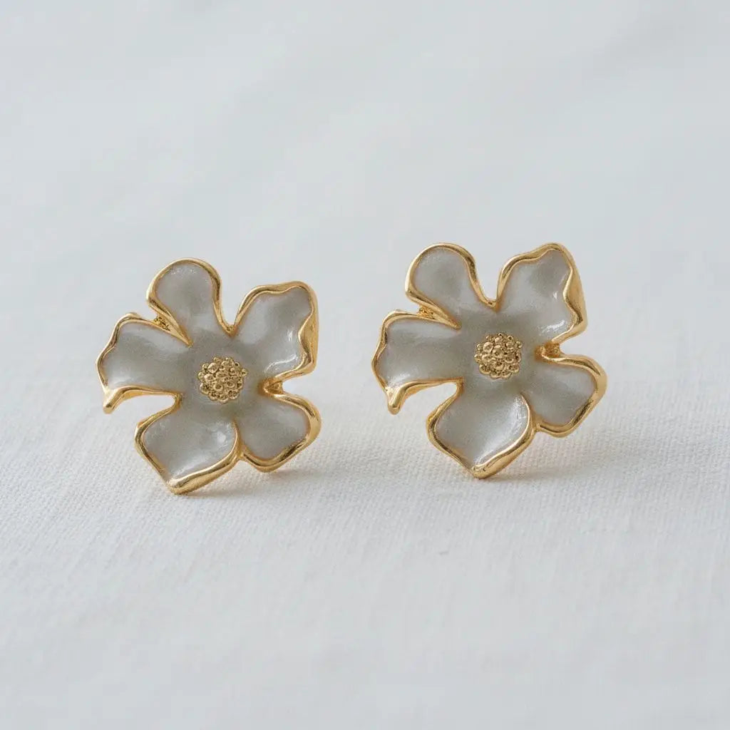 Stud Earrings - French Enamel Gardenia