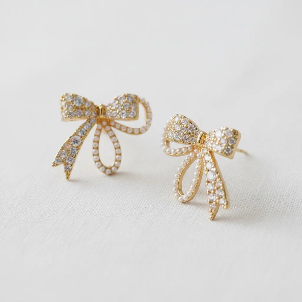 Stud Earrings - Vintage Inspired Pearl and Cubic Zirconia Bowknot