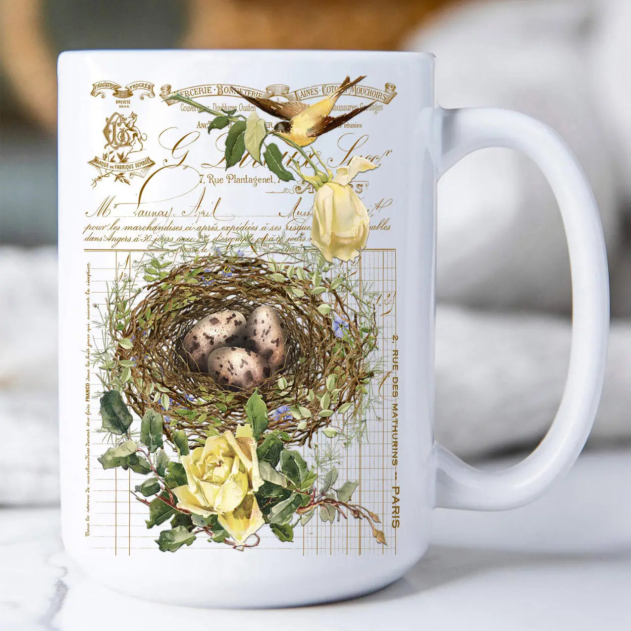 Coffee Mug 15oz - Vintage Shabby Chic Birds Nest Roses
