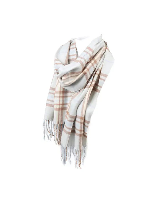 Cashmere Feel Winter Scarf - Light Blue Brown Plaid