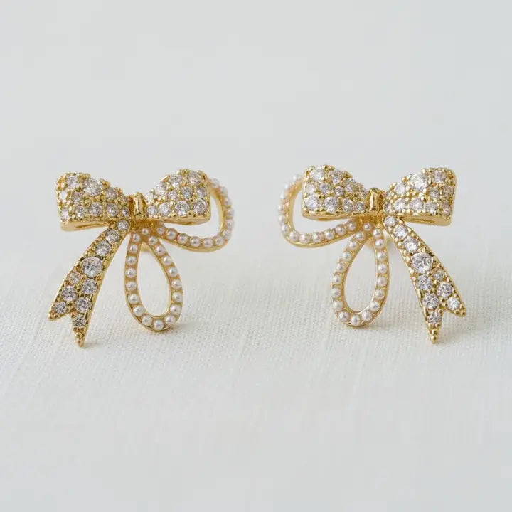 Stud Earrings - Vintage Inspired Pearl and Cubic Zirconia Bowknot