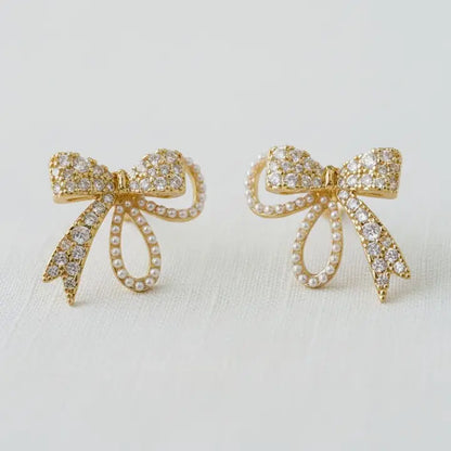 Stud Earrings - Vintage Inspired Pearl and Cubic Zirconia Bowknot