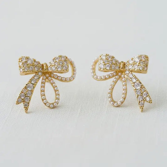 Stud Earrings - Vintage Inspired Pearl and Cubic Zirconia Bowknot
