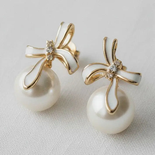Stud Earrings - Pearl Bowknot with French Elegance