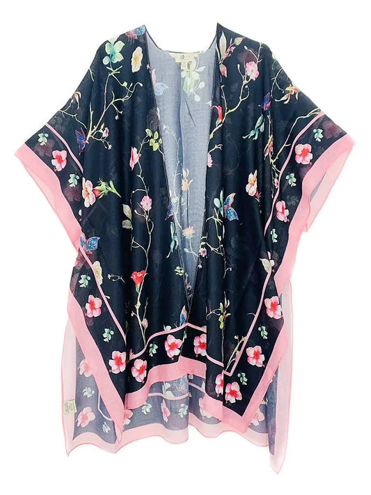 Kimono - Black Pink Floral & Butterfly Border Accent