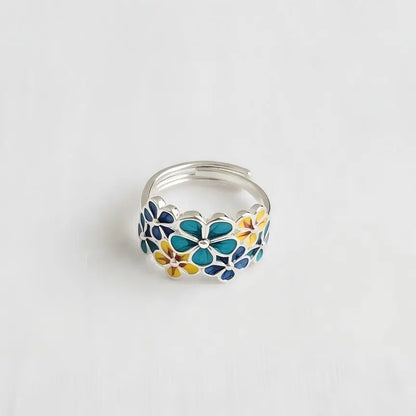 Adjustable Ring - Blue Enamel Floral Cluster