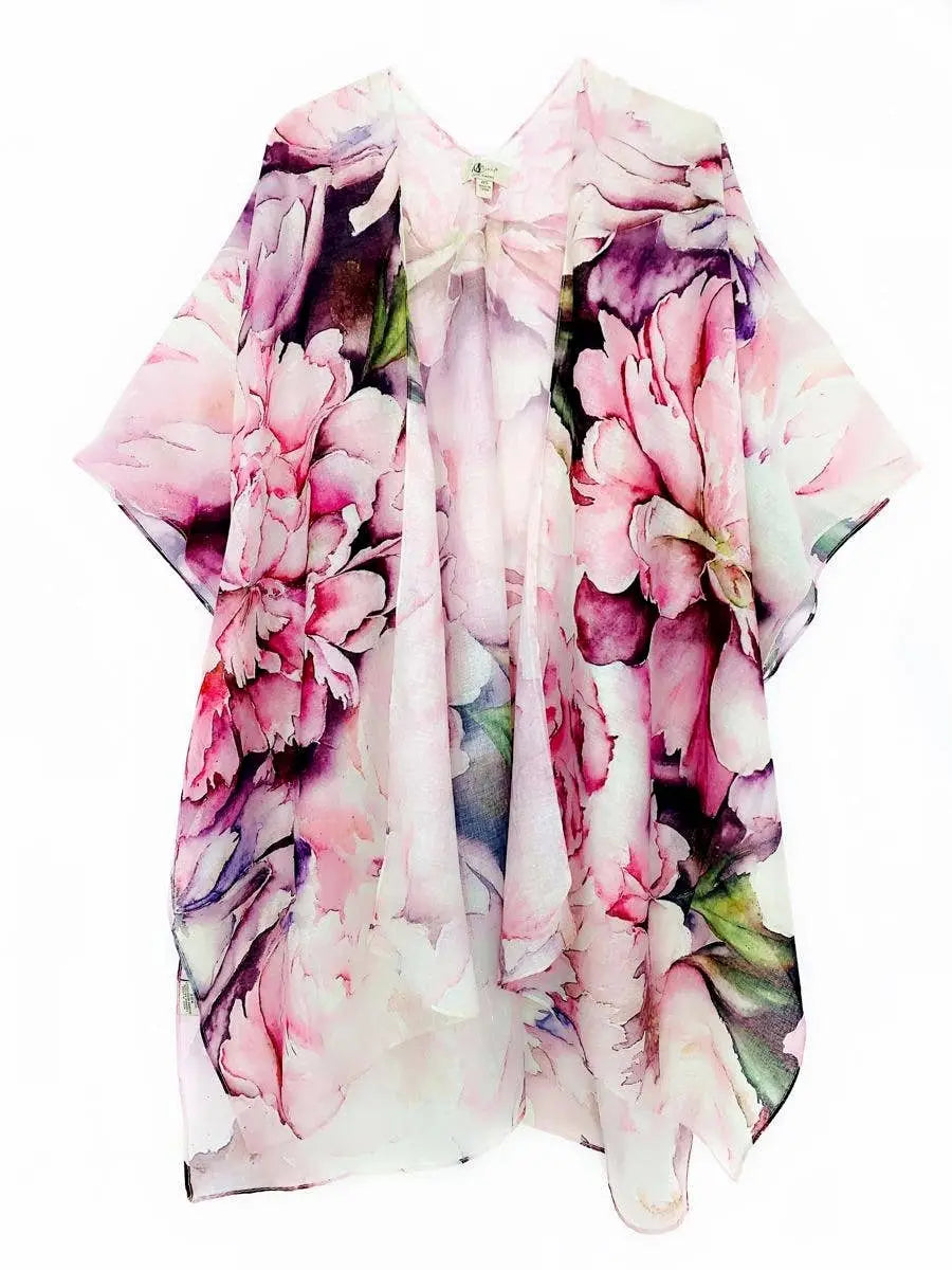 Kimono - Pink Green Watercolor Peony Blossom