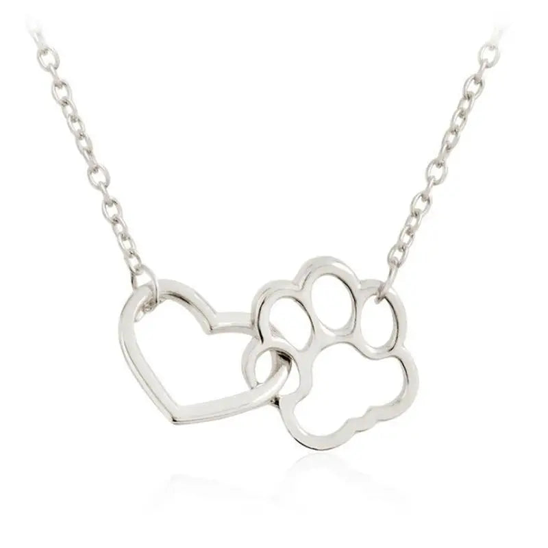 Charm Necklace - Dog Paw Heart Interlocking (Silver)