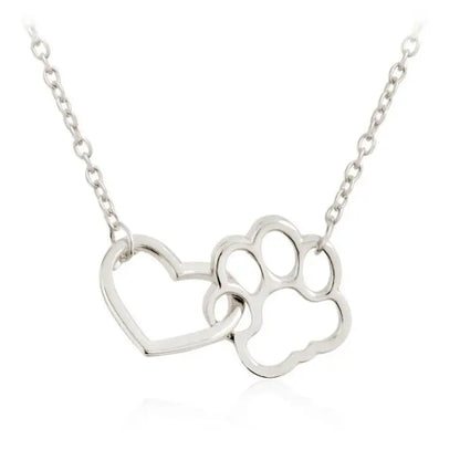 Charm Necklace - Dog Paw Heart Interlocking (Silver)