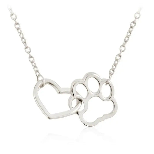 Charm Necklace - Dog Paw Heart Interlocking (Silver)