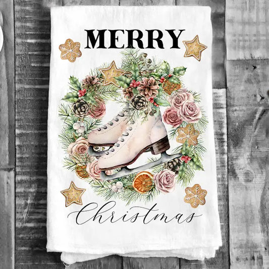 Cotten Tea Towel - Merry Christmas Ice Skating Wreath