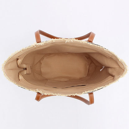Shoulder Straw Bag - Black & Camel
