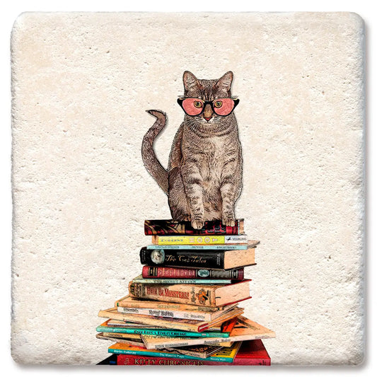 Ceramic Coaster - Cat Sitting On Books