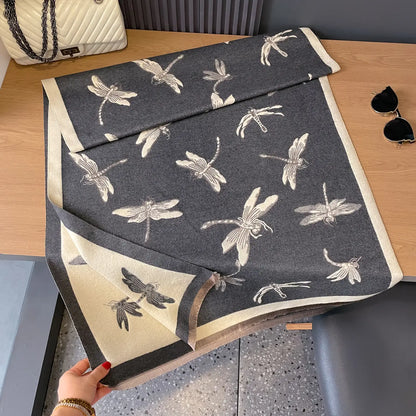 Reversible Wrap - Gray / Ivory Dragonflies