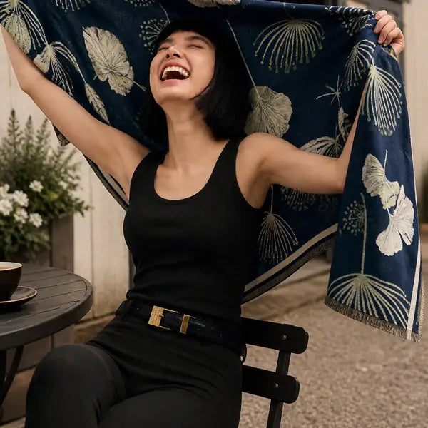 Reversible Wrap - Navy / Cream Falling Ginkgo