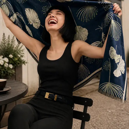 Reversible Wrap - Navy / Cream Falling Ginkgo