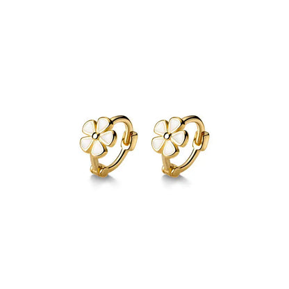 Huggie Earrings - White Enamel Flower (Gold)