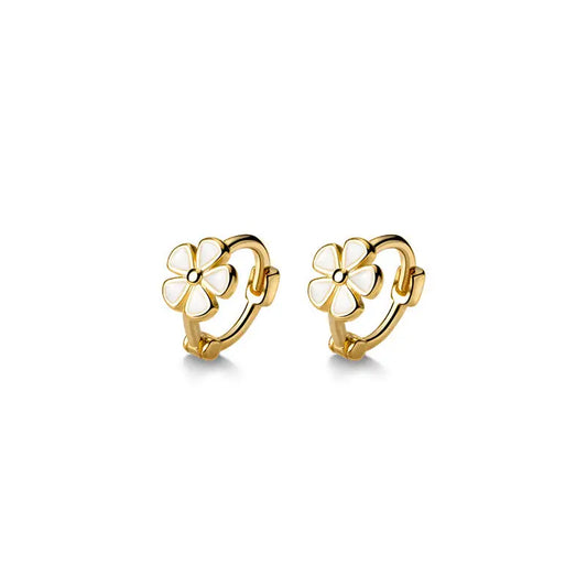 Huggie Earrings - White Enamel Flower (Gold)