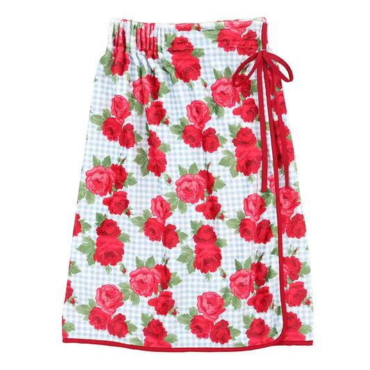 Spa Wrap with Ruffle - Blue Gingham + Red Roses with Red Bow