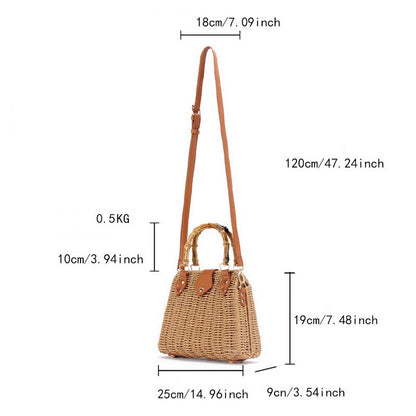 Straw Beach Bag Bamboo Handle - Camel