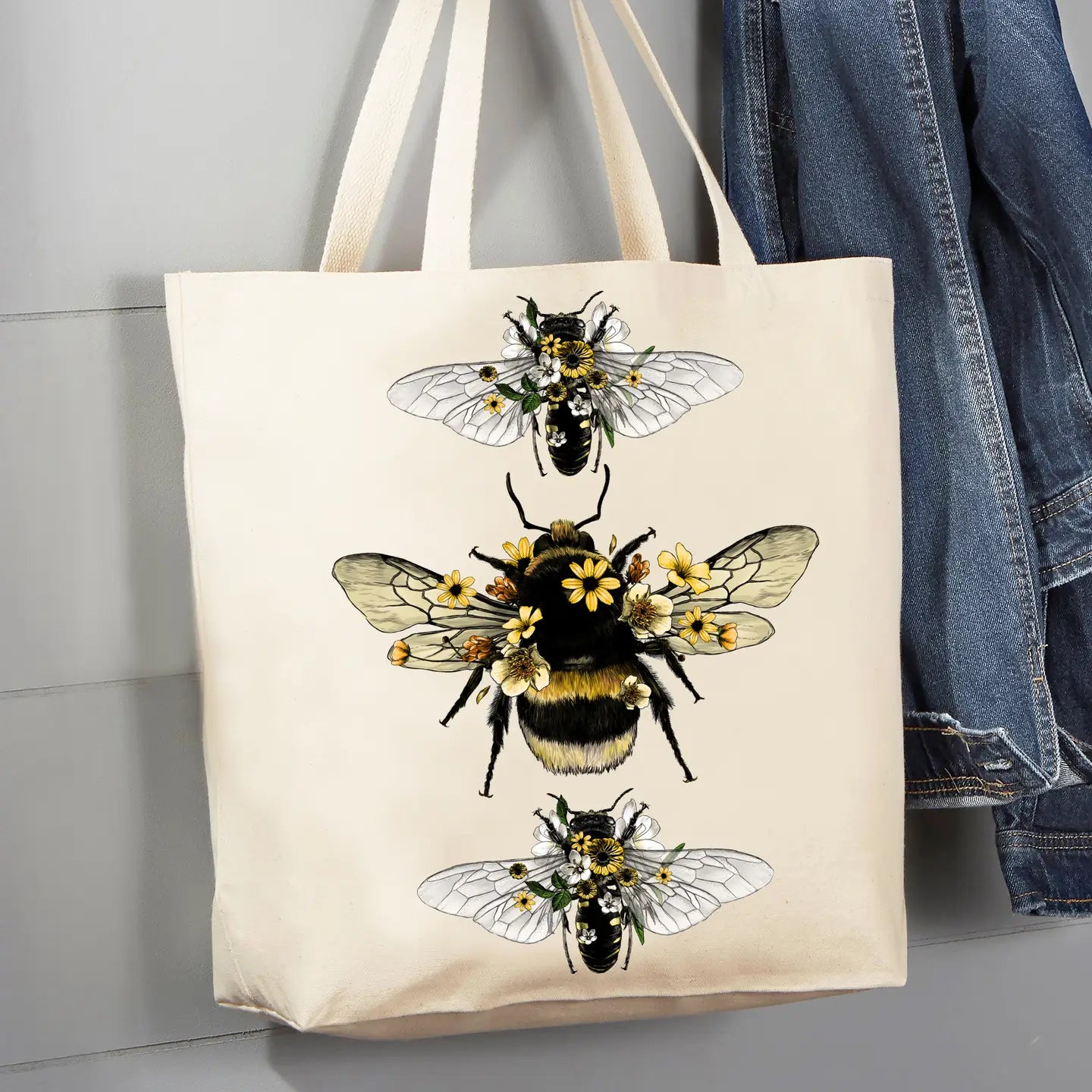 Canvas Tote Bag 12oz - Vintage Bees Flowers