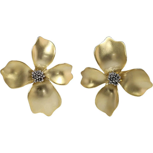 Stud Earrings - Gold Flower Petal Silver Post