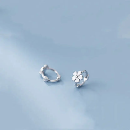 Huggie Earrings - White Enamel Flower (Silver)