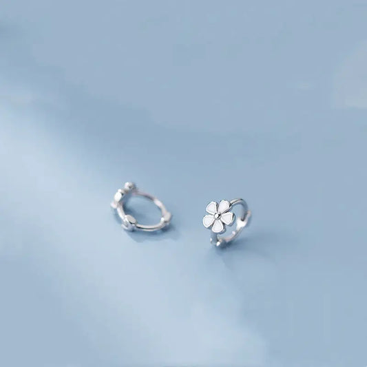 Huggie Earrings - White Enamel Flower (Silver)