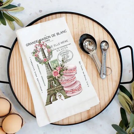 Cotton Tea Towel - Vintage Paris France Pink Macarons