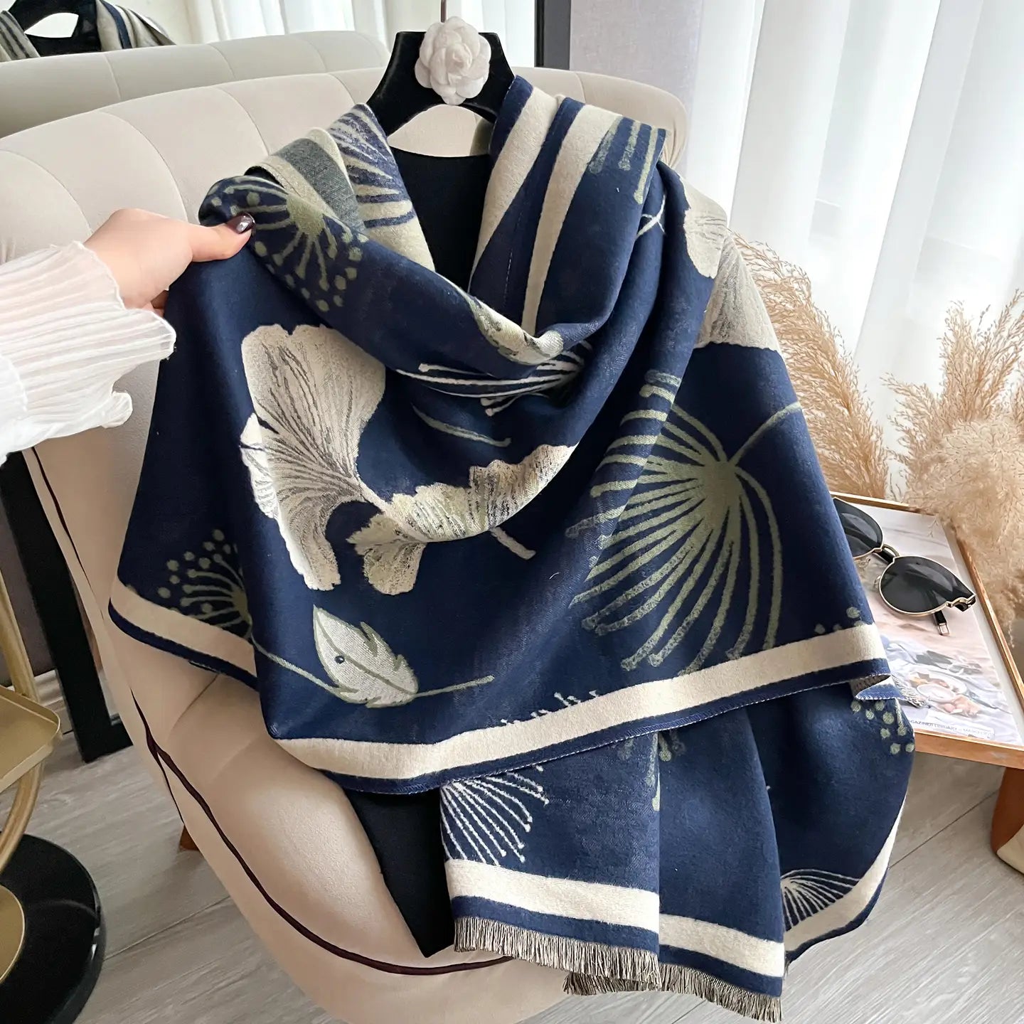 Reversible Wrap - Navy / Cream Falling Ginkgo