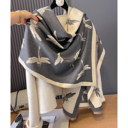 Reversible Wrap - Gray / Ivory Dragonflies