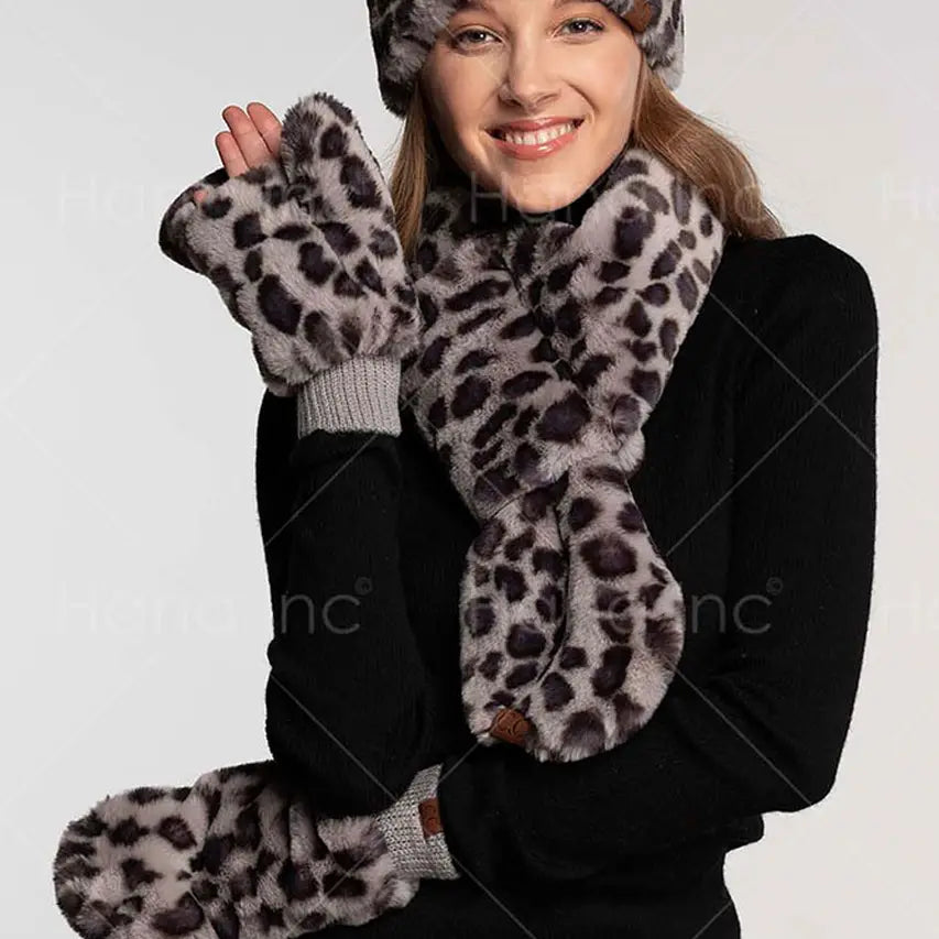 Faux Fur Leopard Pattern Mitten Glove - Beige