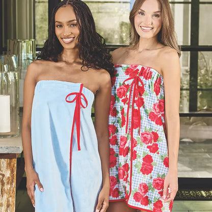 Spa Wrap with Ruffle - Blue Gingham + Red Roses with Red Bow