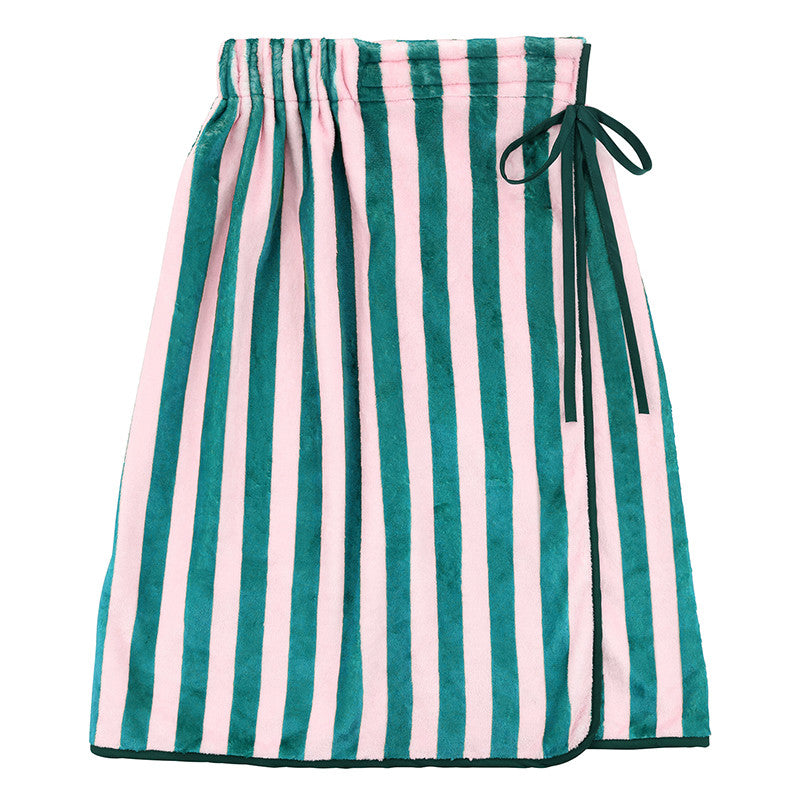 Spa Wrap with Ruffle - Green + Pink Cabana Stripe with Green Bow