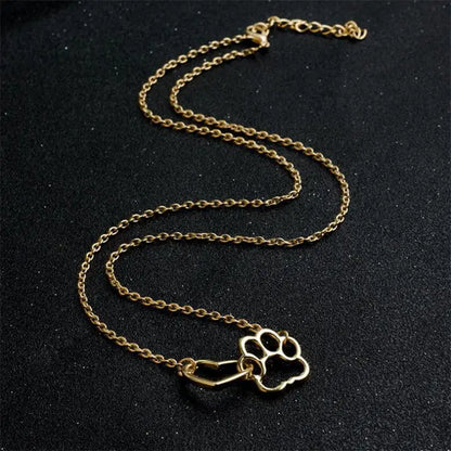 Charm Necklace - Dog Paw Heart Interlocking (Gold)
