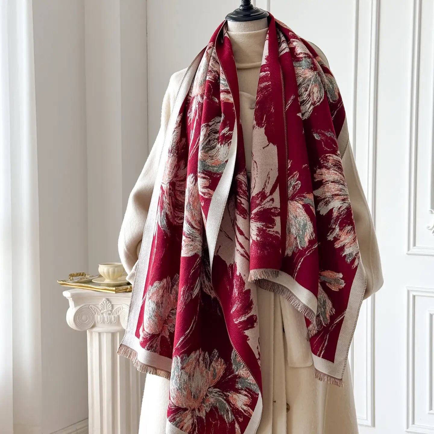 Reversible Wrap - Red / Cream Peonies